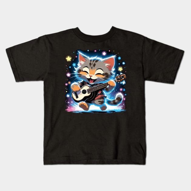 Grey dancing cat playing guitar Kids T-Shirt by la chataigne qui vole ⭐⭐⭐⭐⭐